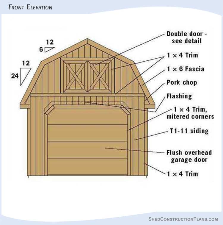 12x12 Gambrel Barn Storage Shed Plans Blueprints 06 Front Elevations