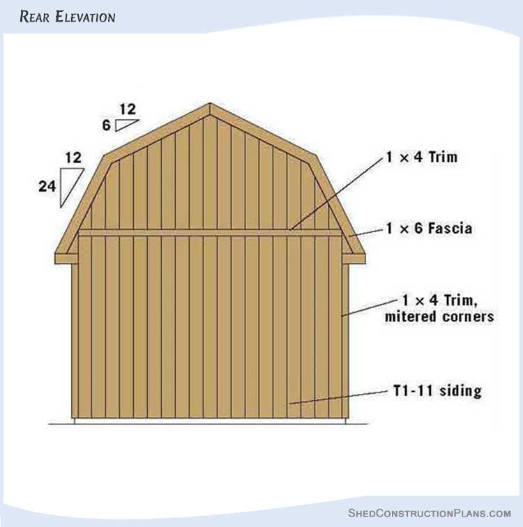 12x12 Gambrel Barn Storage Shed Plans Blueprints 08 Rear Elevations