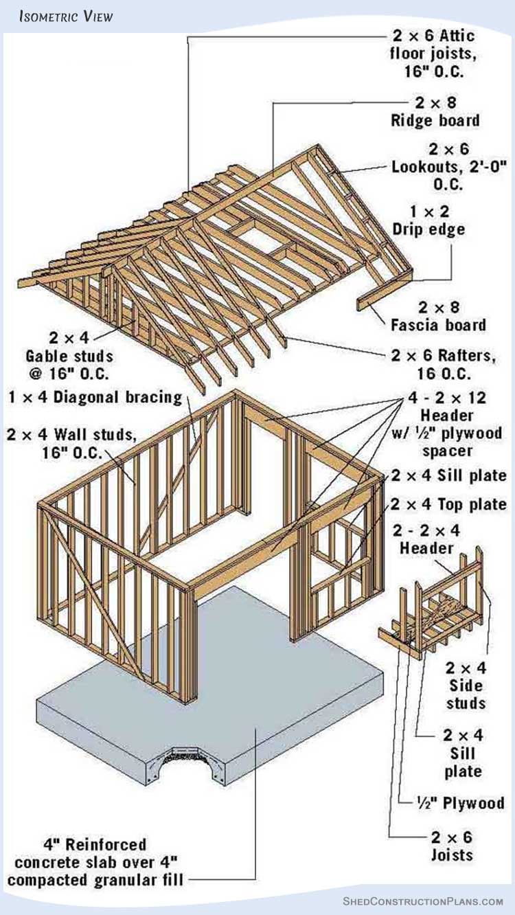 Gable Storage Shed Plans 12x16 With Loft Blueprints 19 Isometric View